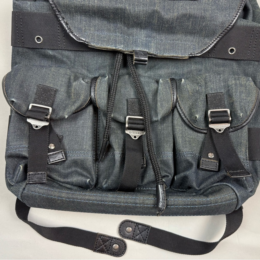 Diesel Waxed Denim De Breaking Backpack Dark Blue/Black Metal Buckles - Picture 6 of 13